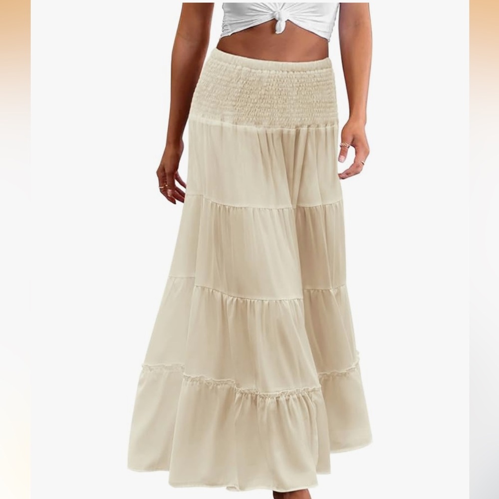 Tiered Elastic High Waist Boho Double Layered Maxi Beige Cream Skirt